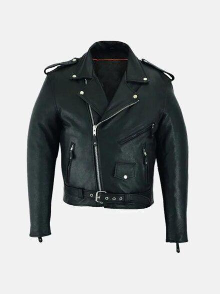 Mens Belted Black Leather Motorcycle Jacket Front 595x793 1