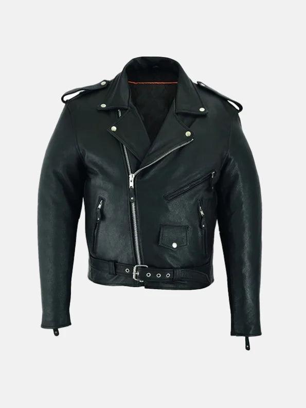 Mens Belted Black Leather Motorcycle Jacket Front 595x793 1
