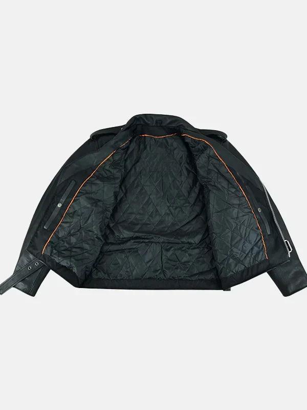 Mens Belted Black Leather Motorcycle Jacket Front Open