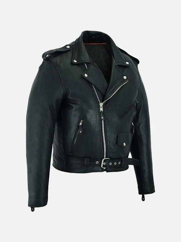 Mens Belted Black Leather Motorcycle Jacket Side Pose