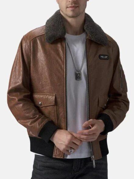 Mens Brown Leather Flight Jacket Front Open 595x793 1