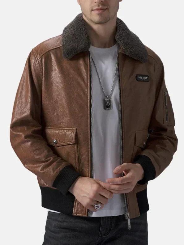 Mens Brown Leather Flight Jacket Front Open 595x793 1