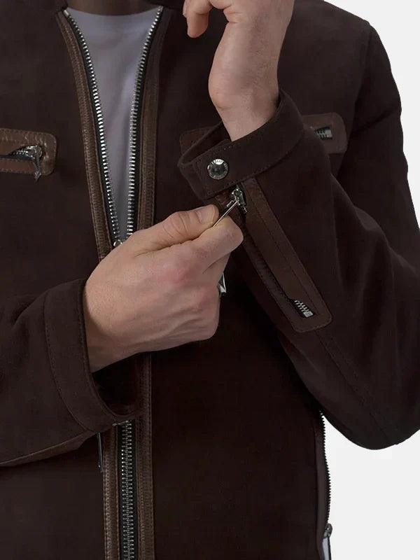 Mens Brown Suede Leather Cafe Racer Jacket Close Up