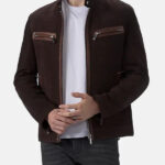 Mens Brown Suede Leather Cafe Racer Jacket Front Open