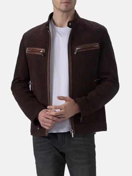 Mens Brown Suede Leather Cafe Racer Jacket Front Open