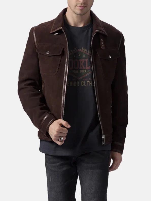 Mens Brown Suede Trucker Casual Leather Jacket Front Open 595x793 1