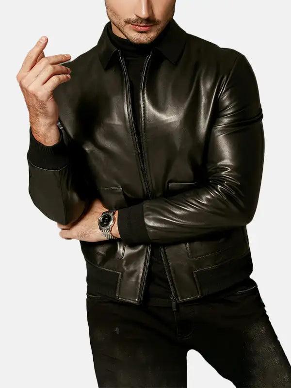 Mens Classic Black Leather Jacket Front Side Pose