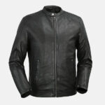 Mens Snap Tab Collar Black Leather Jacket Front