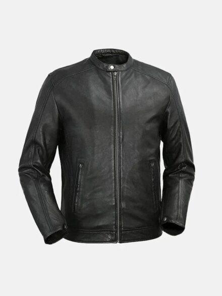 Mens Snap Tab Collar Black Leather Jacket Front