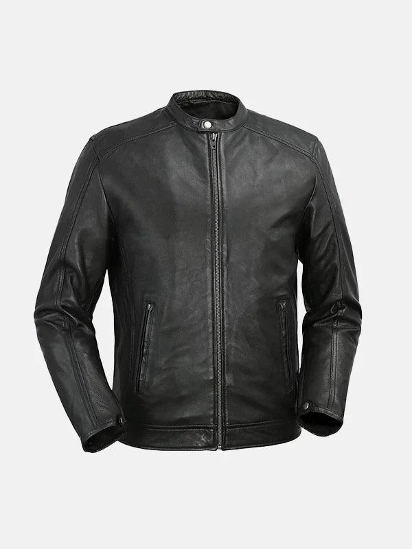 Mens Snap Tab Collar Black Leather Jacket Front