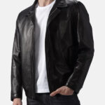 Mens Turn Down Collar Black Leather Jacket Front