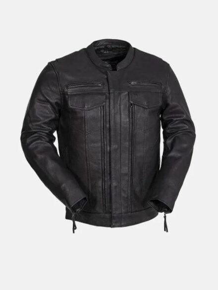 Mens Utility Style Black Leather Biker Jacket Front 595x793 1