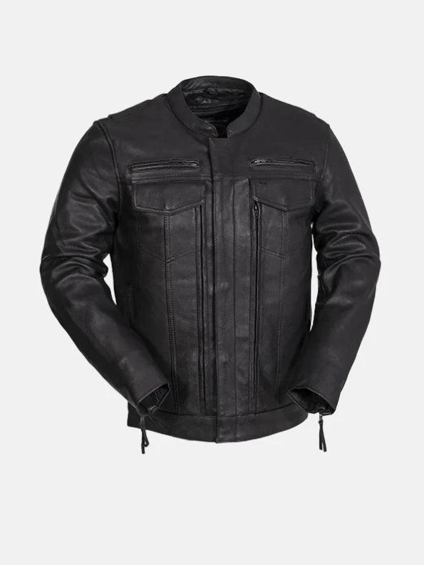 Mens Utility Style Black Leather Biker Jacket Front 595x793 1