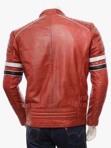 MensRedLeatherStripedBikerJacketBack