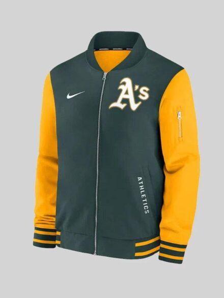 Mens Athletics Nike Green Gold Authentic Collection Dugout Full Zip Bomber Jacket