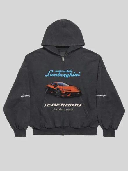 Mens Balenciaga I Automobili Lamborghini Zip up Hoodie Black Faded