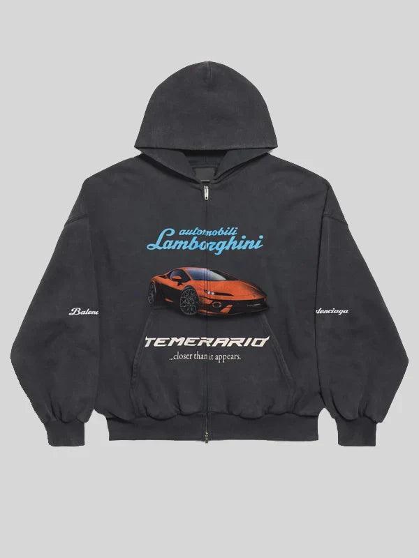 Mens Balenciaga I Automobili Lamborghini Zip up Hoodie Black Faded