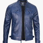 Mens Blue Quilted Leather Biker Jacket