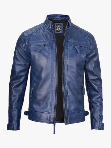 Mens Blue Quilted Leather Biker Jacket