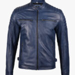 Mens Blue Waxed Cafe Racer Leather Jacket 1