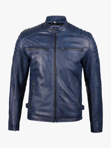 Mens Blue Waxed Cafe Racer Leather Jacket 1