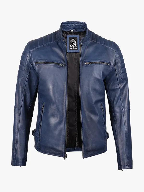 Mens Blue Waxed Cafe Racer Leather Jacket 3