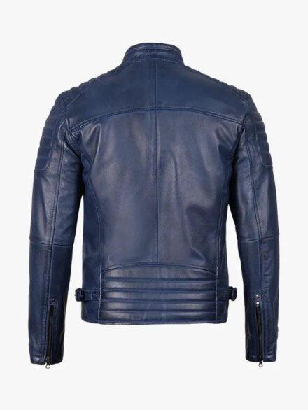 Mens Blue Waxed Cafe Racer Leather Jacket 5