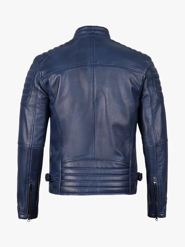 Mens Blue Waxed Cafe Racer Leather Jacket 5