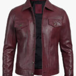 Mens Burgundy Lambskin Leather Trucker Jacket
