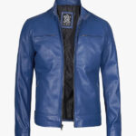 Mens Classic Blue Cafe Racer Leather Jacket