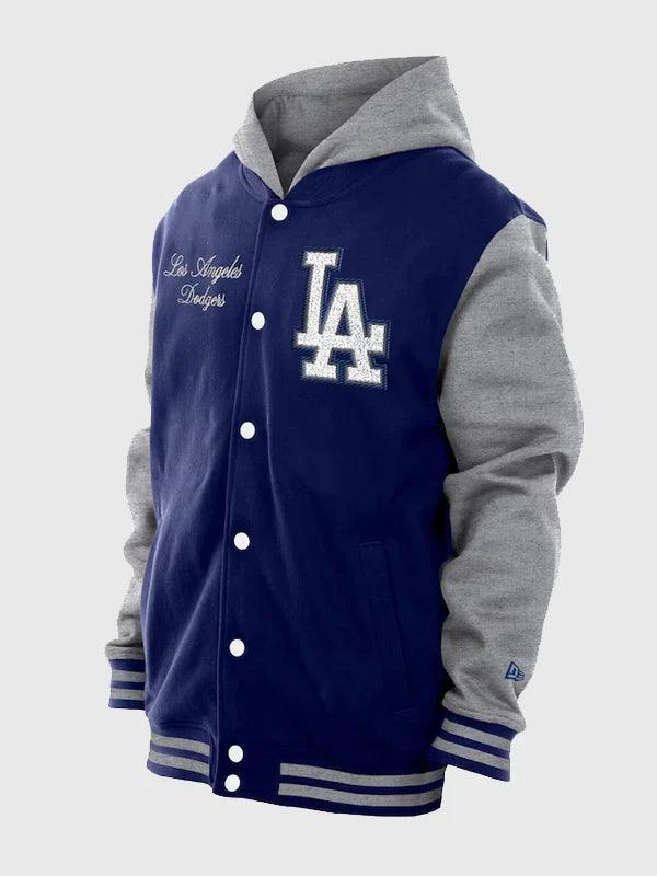 Mens Los Angeles Dodgers New Era Royal Throw back Prep Full Snap Hoodie Jacket Blue and Grey