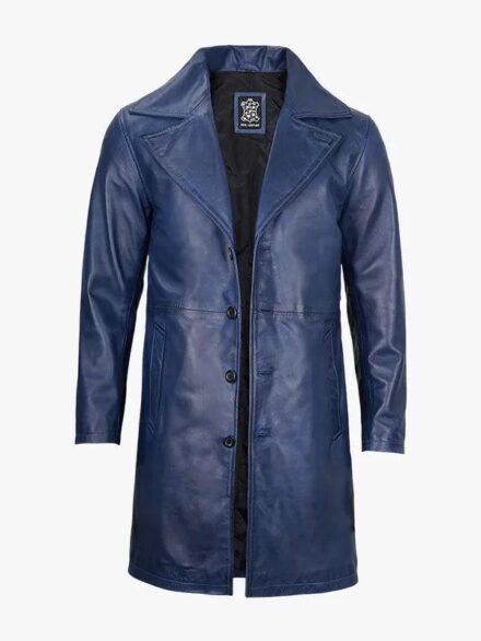 Mens Real Leather 3 4 Length Blue Car Coat