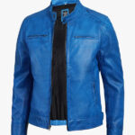 Mens Real Leather Distressed Blue Cafe Racer Jacket