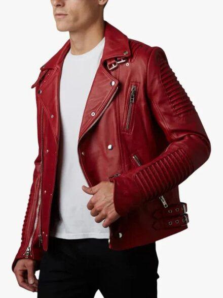 Mens Rich Red Slim Fit Motorcycle Biker Leather Jacket Side