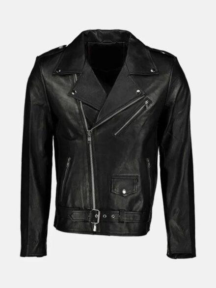 Morris Asymmetrical Collar Black Leather Moto Jacket Front 595x793 1