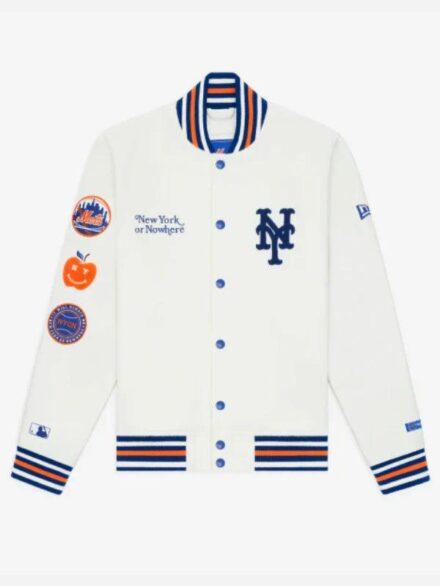 NYON New York Or Nowhere Mets Motto Varsity Jacket Cream