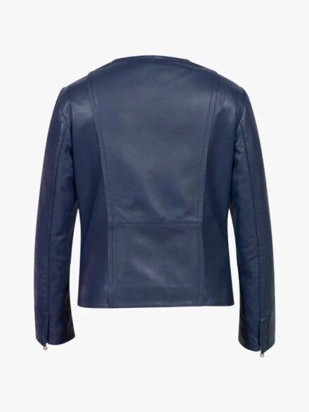 Nevaeh Blue Collarless Leather Jacket For Women s