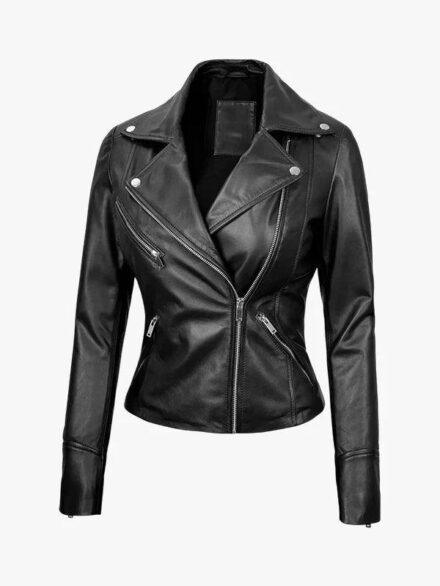 Ninfa Women s Black Asymmetrical Biker Leather Jacket