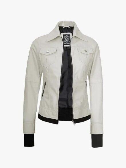 Off White Women s Hooded Leather Jacket with Detachable Hood