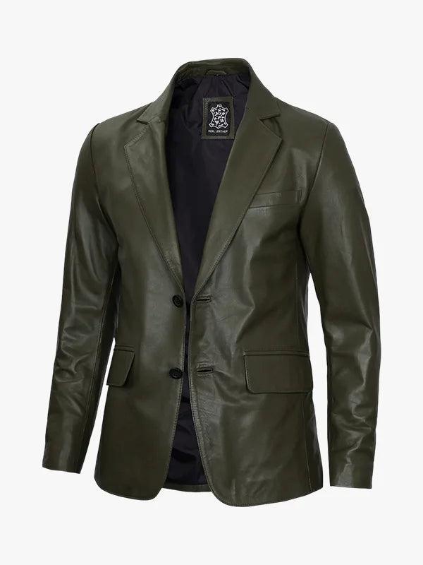 Olive Leather Coat with Buttons