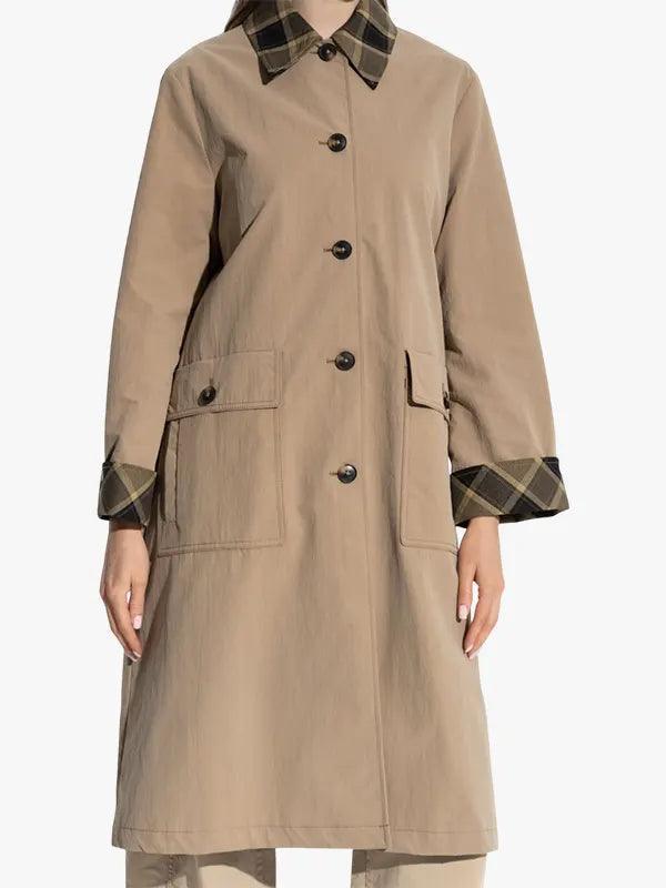 Plaid Collar Long Coat with Flap Pockets For Women's