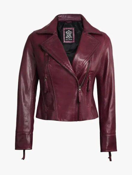 Ramsey Women s Burgundy Asymmetrical Waxed Biker Leather Jacket