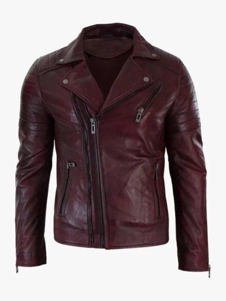 Real Leather Slim Fit Cross Zip Retro Vintage Brando Mens Jacket Vintage Biker Burgundy 1