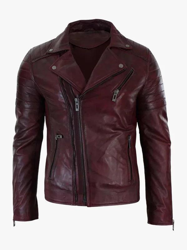 Real Leather Slim Fit Cross Zip Retro Vintage Brando Mens Jacket Vintage Biker Burgundy 1
