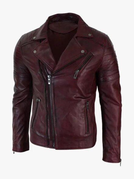 Real Leather Slim Fit Cross Zip Retro Vintage Brando Mens Jacket Vintage Biker Burgundy 2