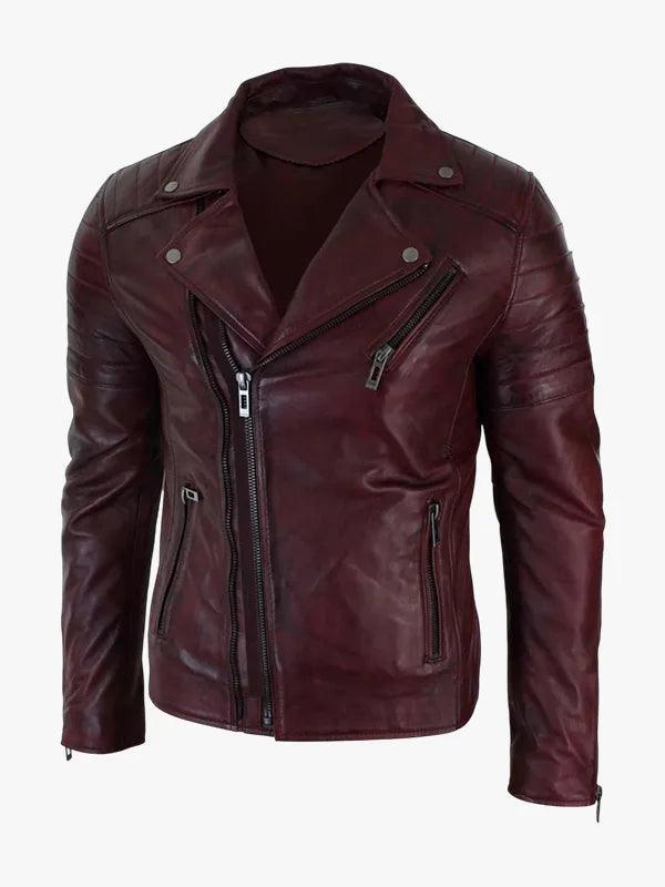 Real Leather Slim Fit Cross Zip Retro Vintage Brando Mens Jacket Vintage Biker Burgundy 2