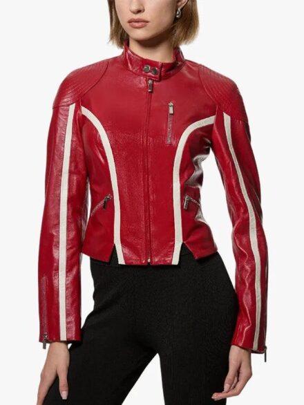 Redline Bolt High Collar Red Leather Biker Jacket
