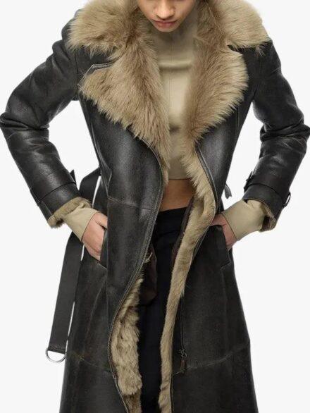Shearling Leather Trench Belted Coat