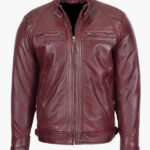 Stand Collar Real Lambskin Burgundy Leather Biker Jacket For Men s