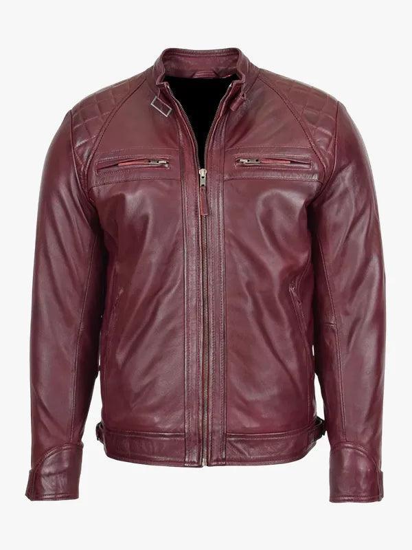 Stand Collar Real Lambskin Burgundy Leather Biker Jacket For Men s